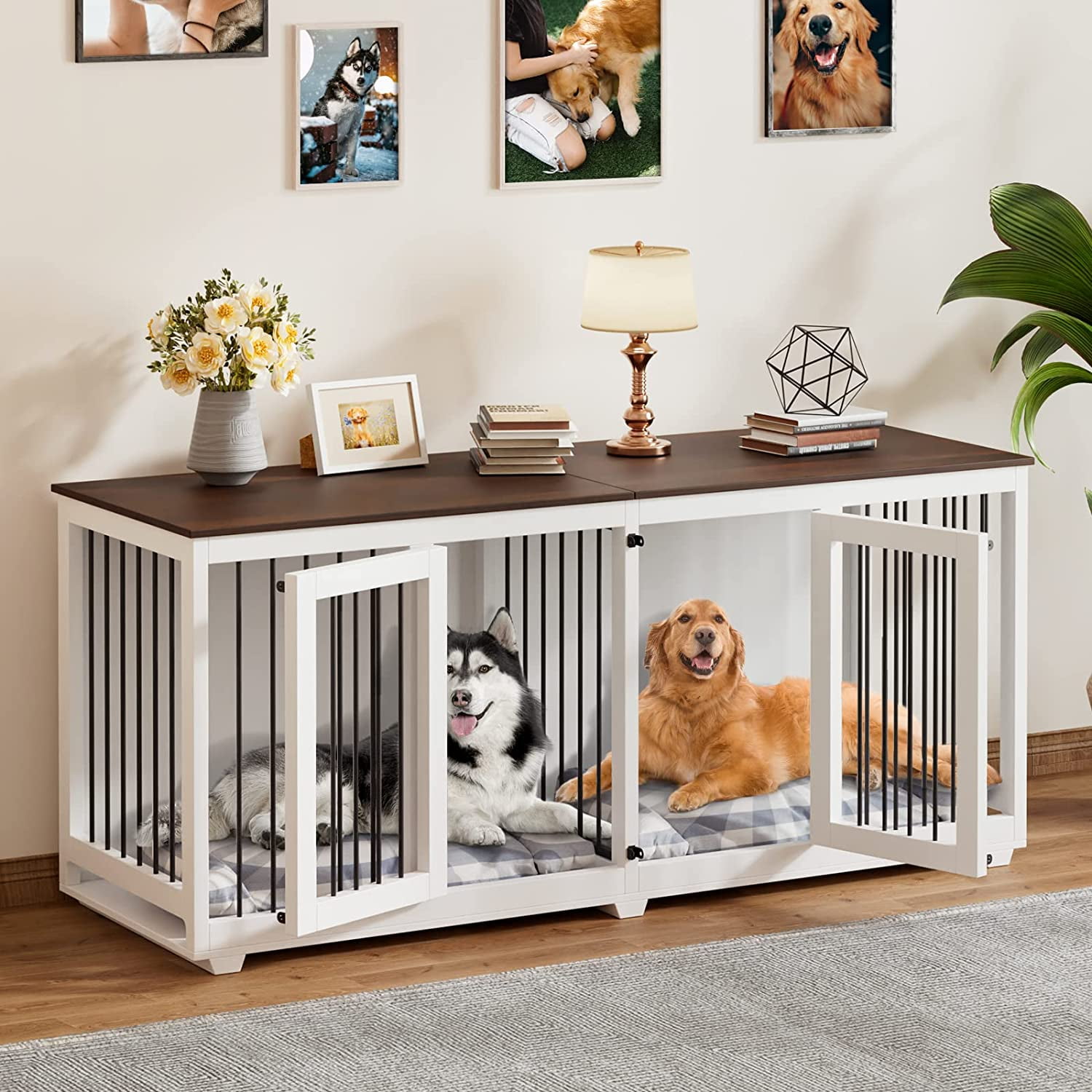NARTRU 70.9" Dog Crate Furniture, Wooden Dog Kennel with Divider