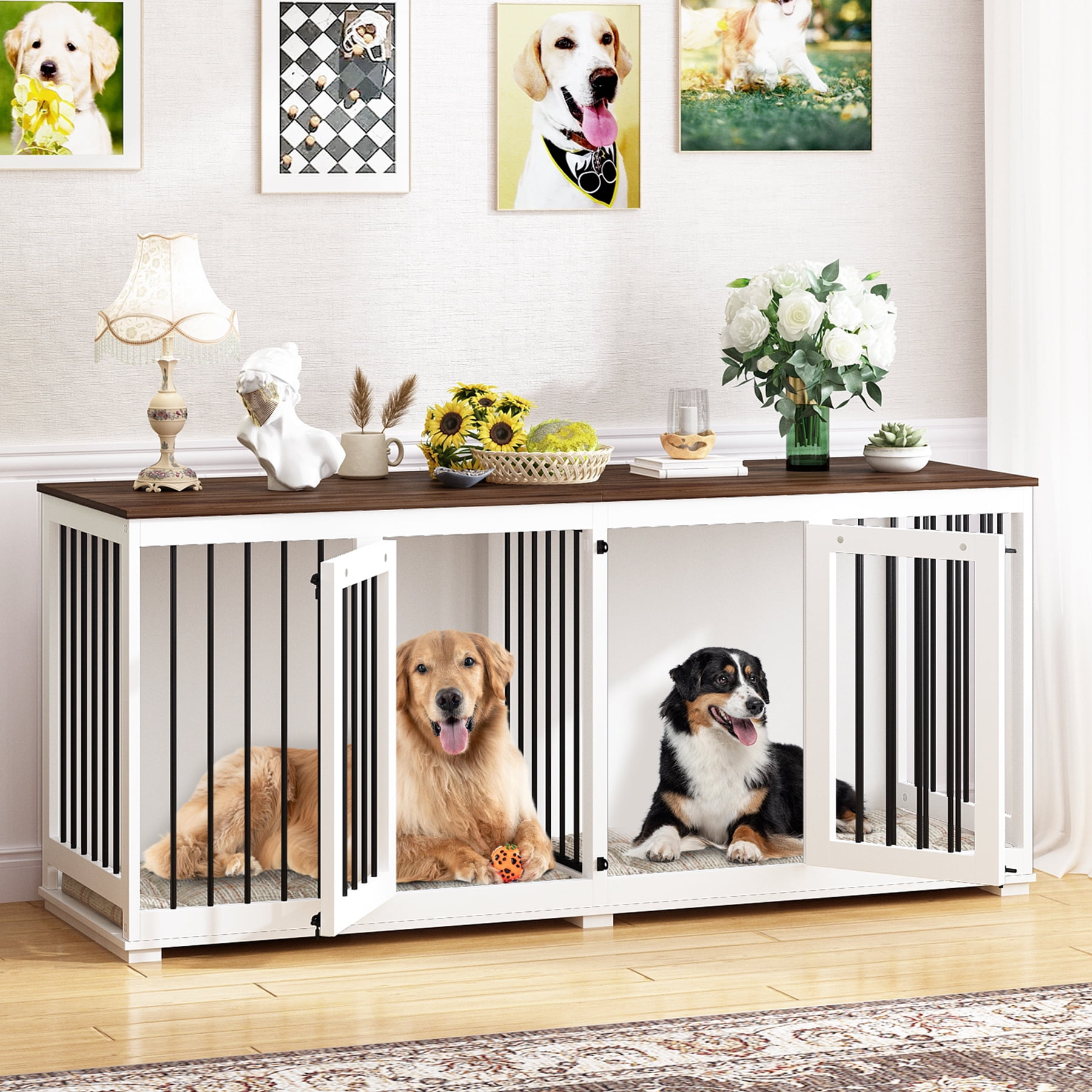 NARTRU 70.9" Large Double Dog Crate Kennel Furniture with Divider for