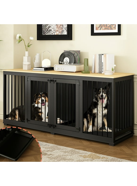 NARTRU 70.9" Large Double Dog Crate Kennel Furniture with Removable Trays and Divider for Small Medium Large Dogs Indoor,  Black
