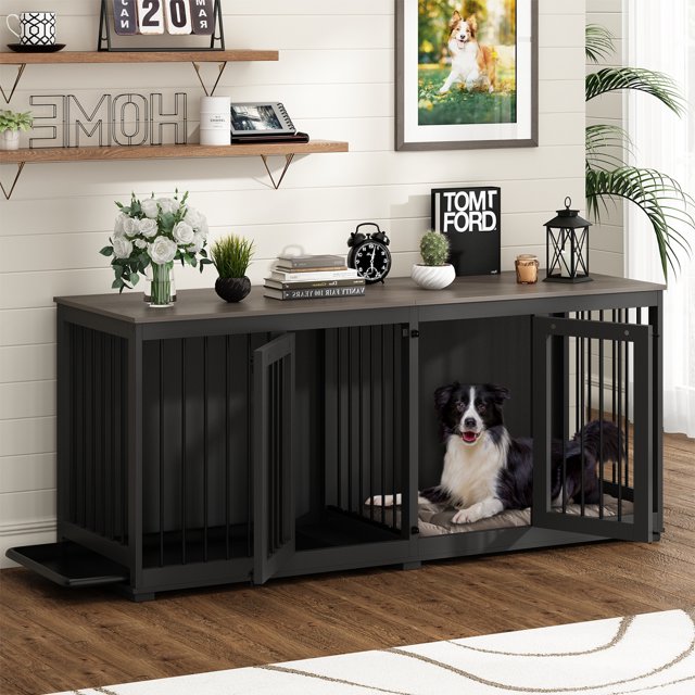 NARTRU Large Double Dog Crate Kennel Furniture with Trays and Divider