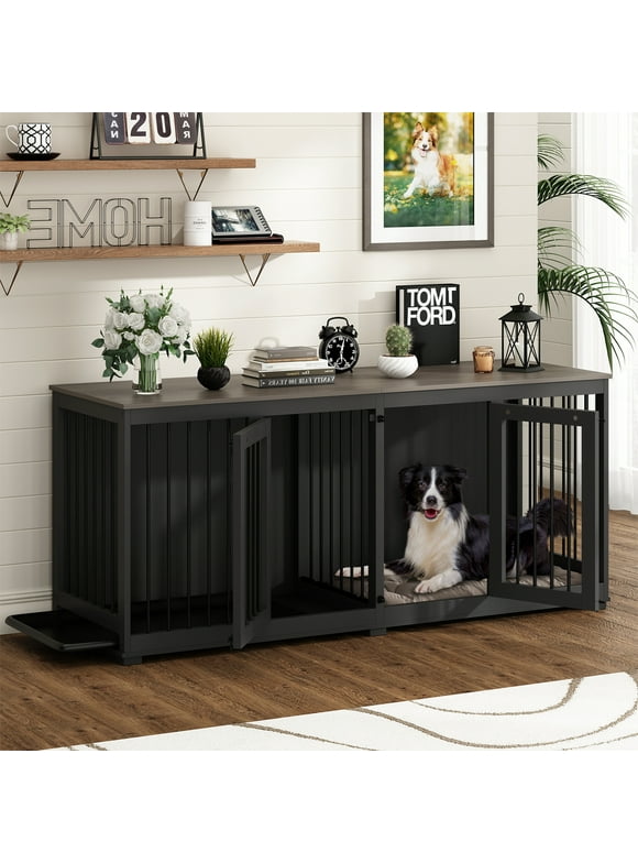 NARTRU 70.9" Large Double Dog Crate Kennel Furniture with Trays and Divider for Dogs Indoor, Black