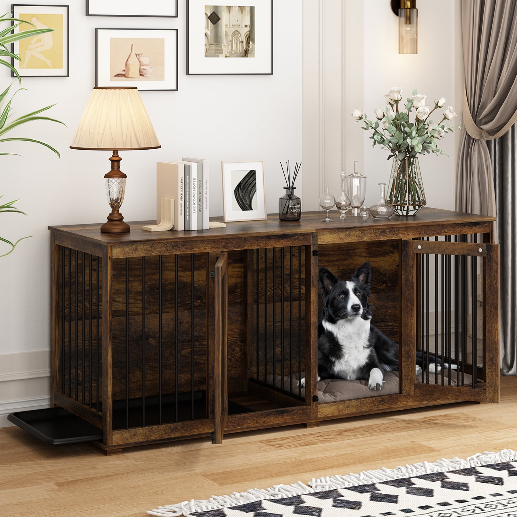 "NARTRU 70.9"" Rustic Brown Grande Double Kennel Dog Crate Furniture