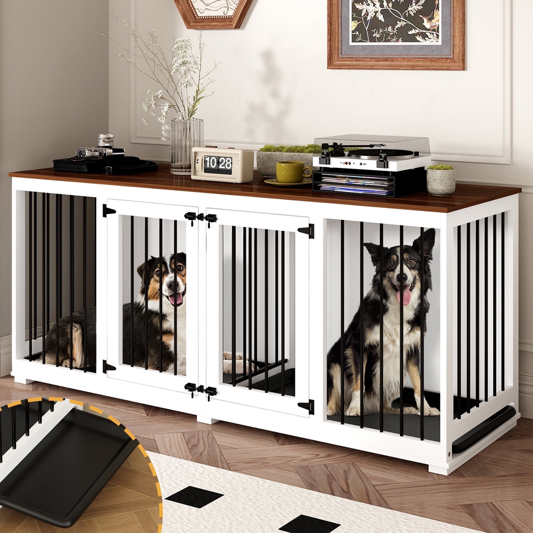 NARTRU 70.9" Large Double Dog Crate Kennel Furniture with Trays and Divider for Small Medium Large Dogs Indoor, White