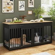 NARTRU 72.4" Large Double Dog Crate Kennel Furniture with Divider and 2 Drawers for 2 Medium or Large Dogs Indoor, Black+Natural Tabletop