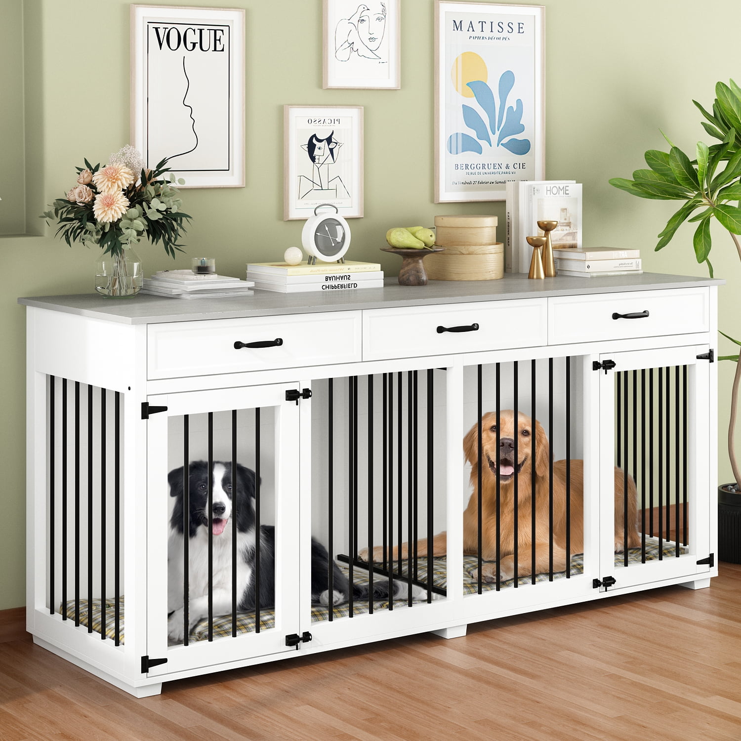 NARTRU 72.5" Large Double Dog Crate Kennel Furniture with 3 Drawers and