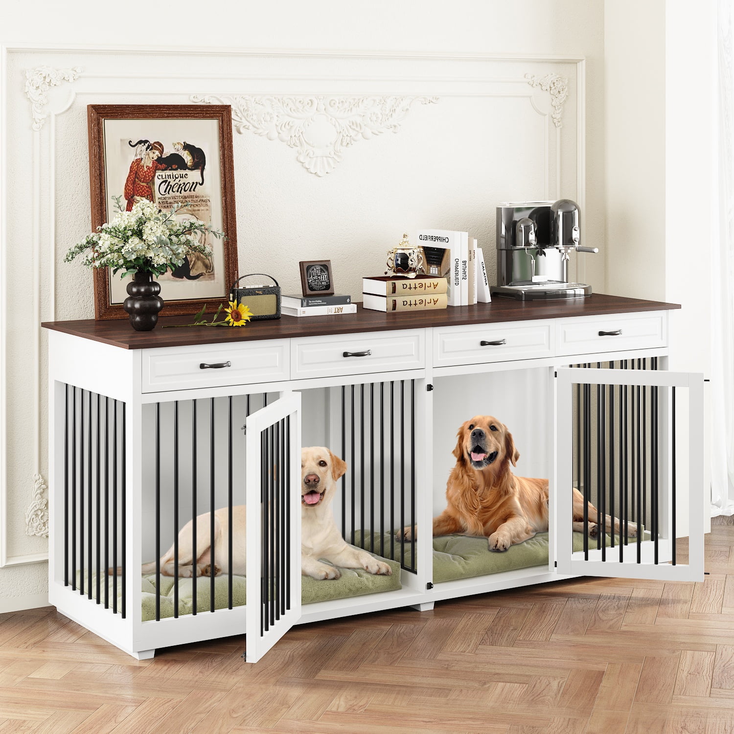 NARTRU 86.6" Large Double Dog Crate Furniture, XXL Wooden Dog Crate