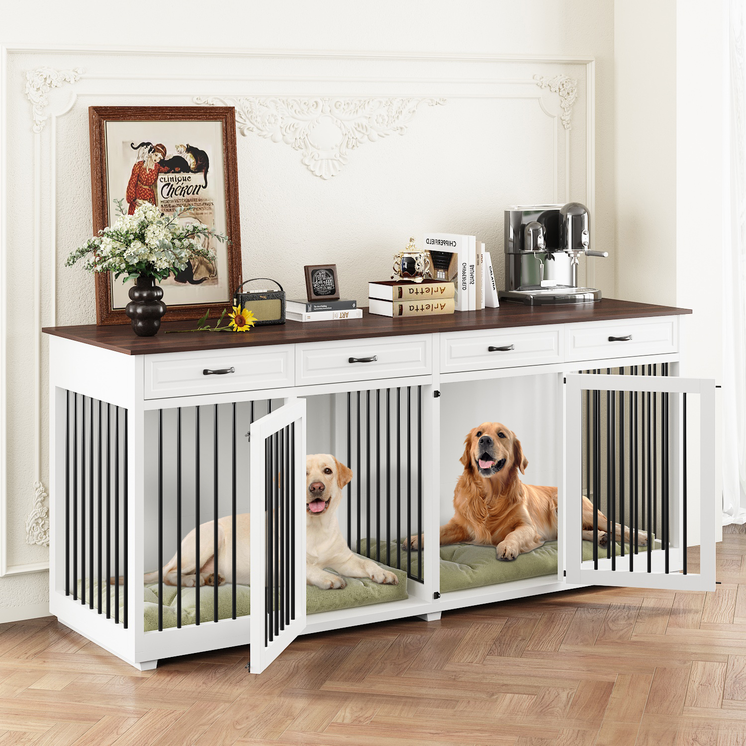 AIEGLE Large Dog Crate Furniture, Wooden Dog Crate Kennel with 2