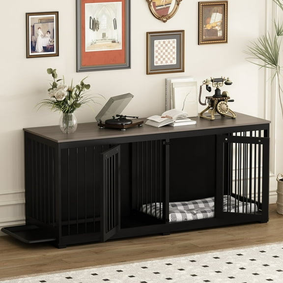 NARTRU Dog Crate Furniture, Wooden Dog Kennel with Tray and Divider, 70.9" , Black
