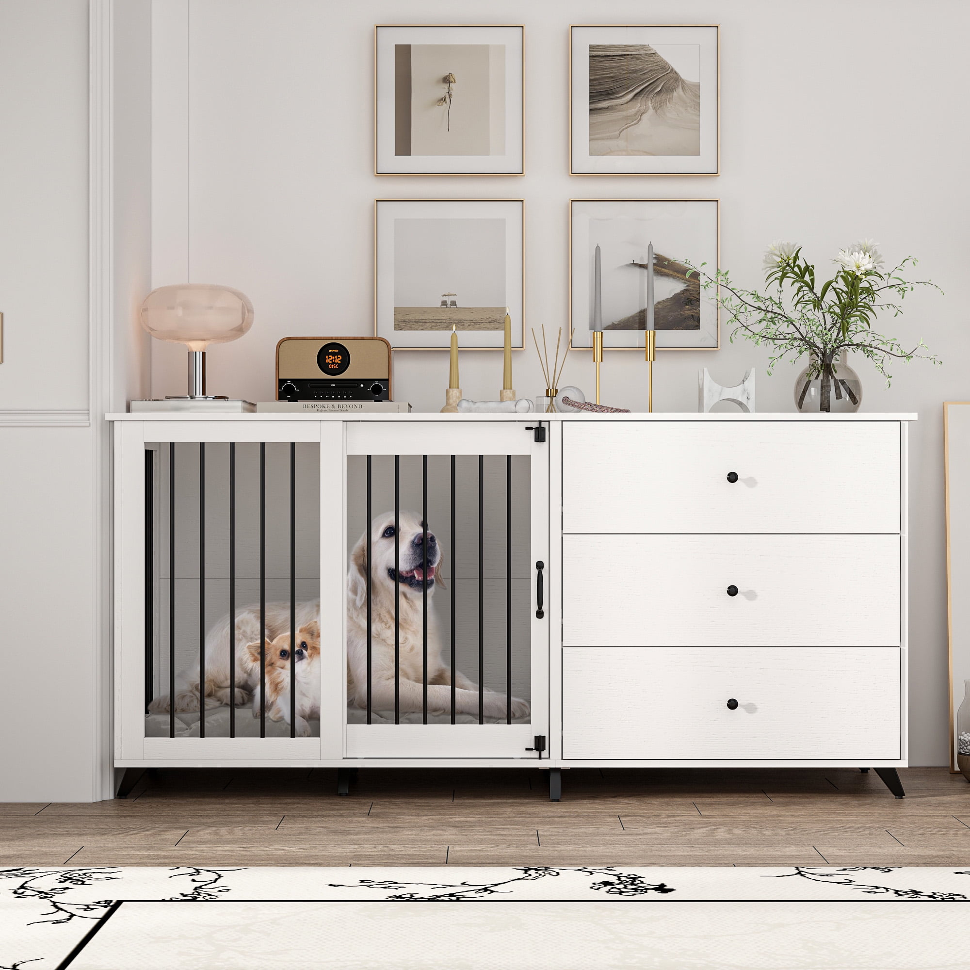 NARTRU Dog Crate Furniture with 3 Large Drawers,Wooden Buffet Dog