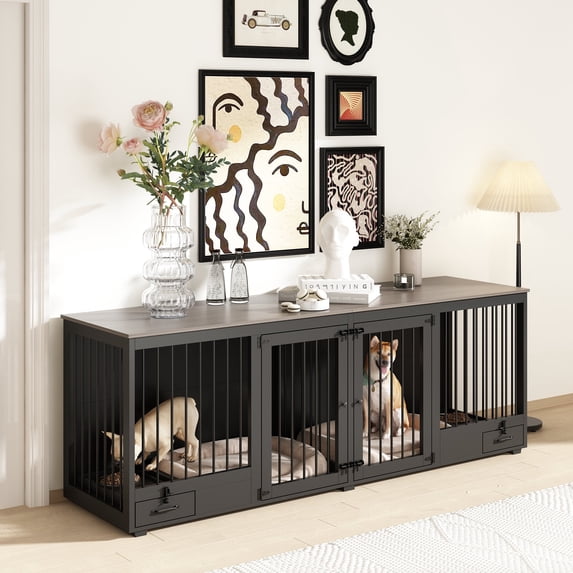 NARTRU Dog Crate Furniture with Dog Feeder, 86.6 inch Wooden Dog Kennel Furniture with Divider, Black