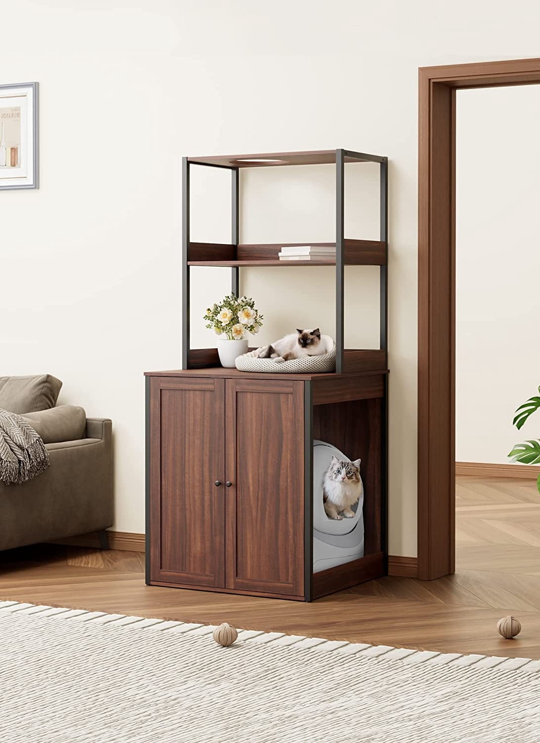 NARTRU Large Cat Litter Box Enclosure Furniture for Self-Cleaning Cat Litter Box, Wood Cat Washroom Furniture with Shelves