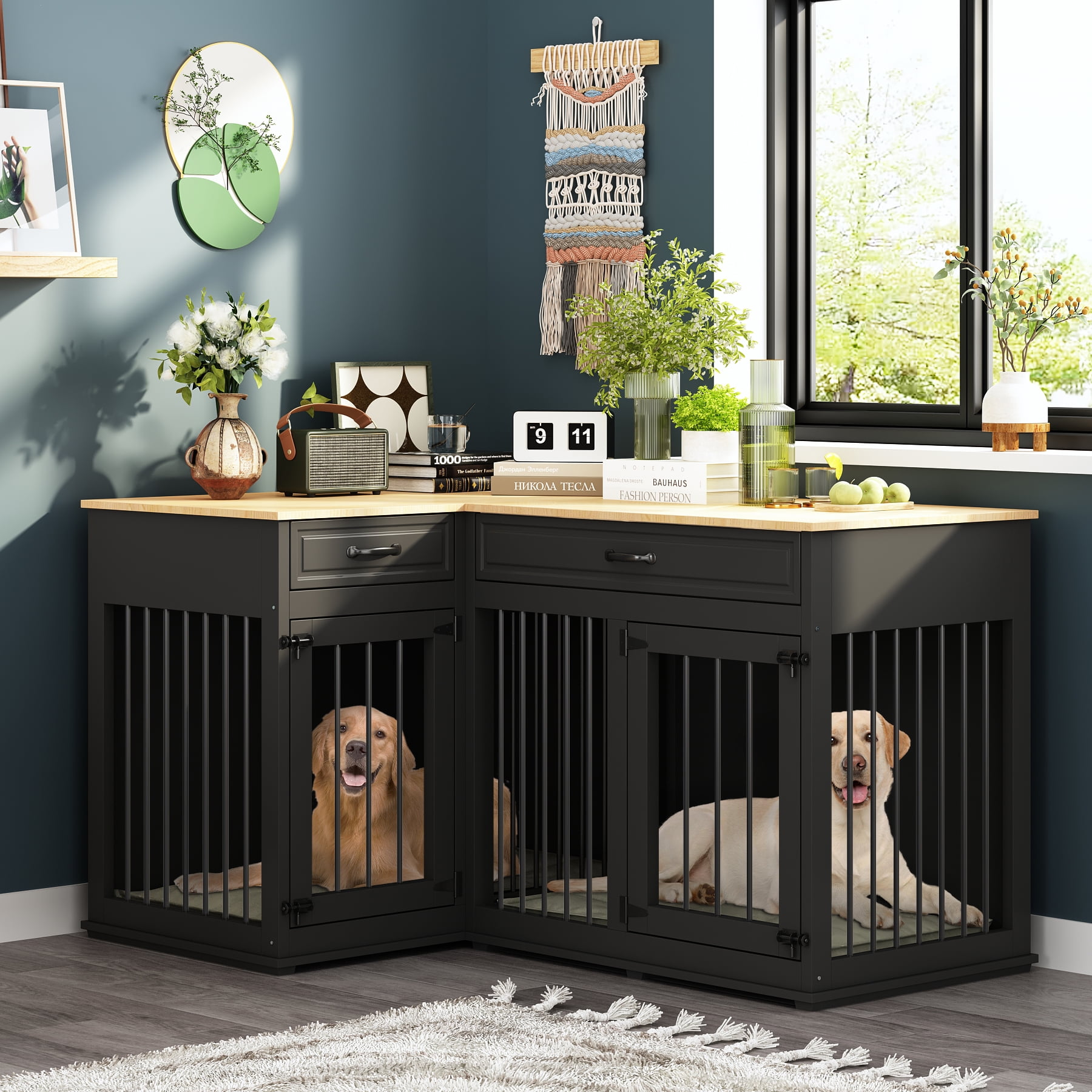 NARTRU Large Corner Dog Crate Furniture, Wooden L Shaped Double Dog