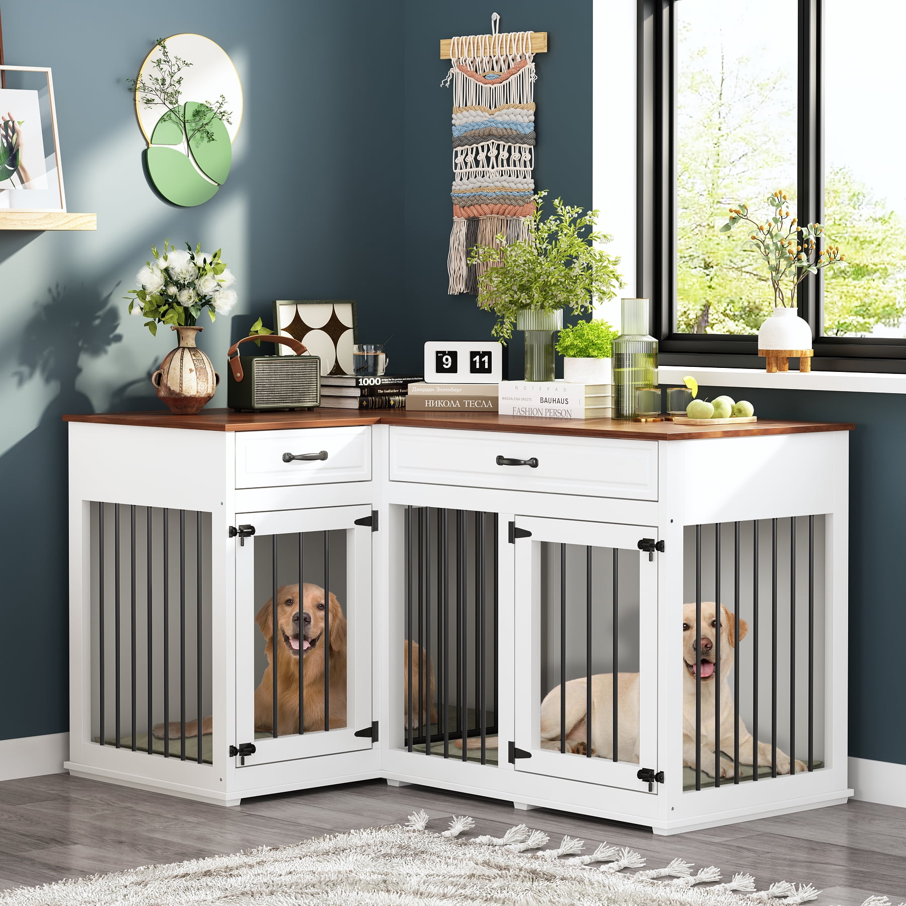 NARTRU Large Corner Dog Crate Furniture, Wooden L Shaped Double Dog