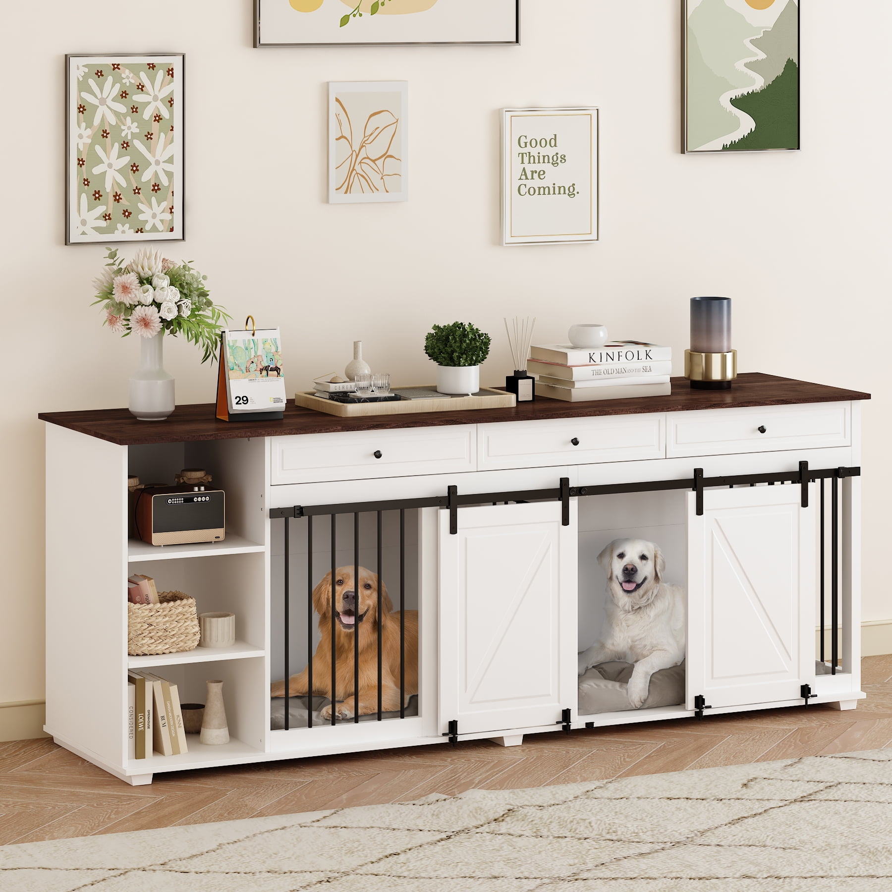 NARTRU Large Dog Crate Furniture with Sliding Door, 86.6