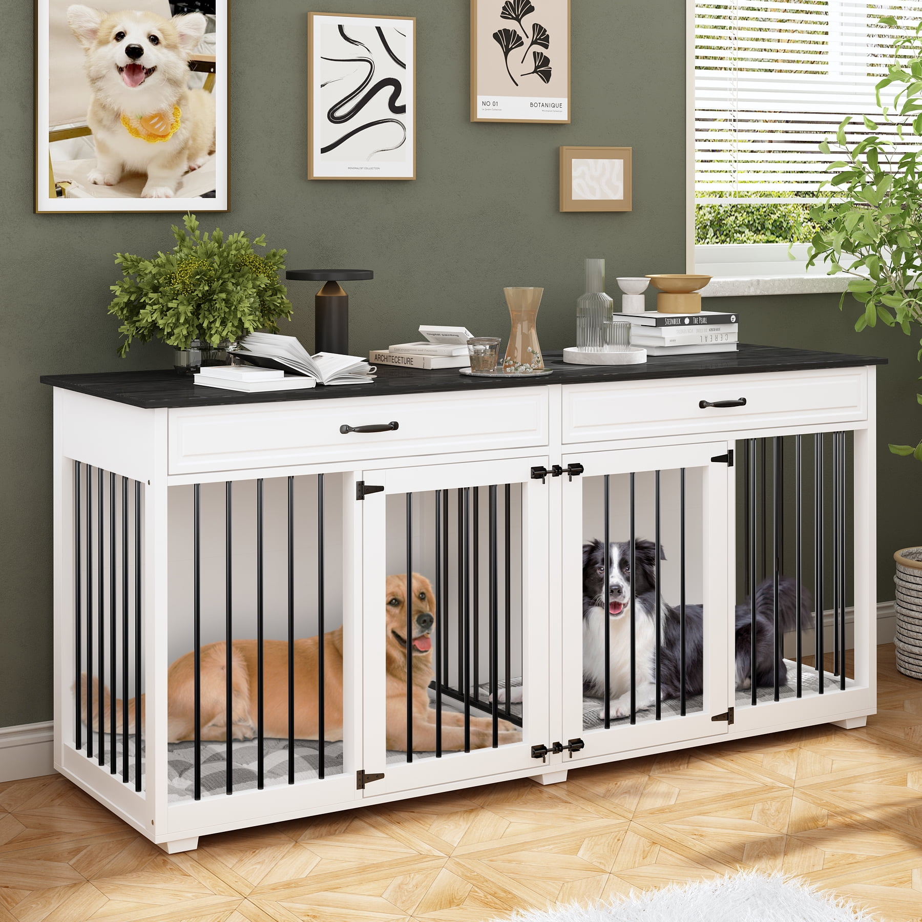 NARTRU Large Double Dog Crate Furniture, 72.4" Wooden Dog Crate