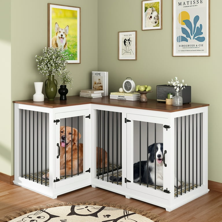 NARTRU Wooden Large L Shaped Corner Dog Crate Kennel Furniture with Divider for 2 Medium or Large Dogs Indoor White