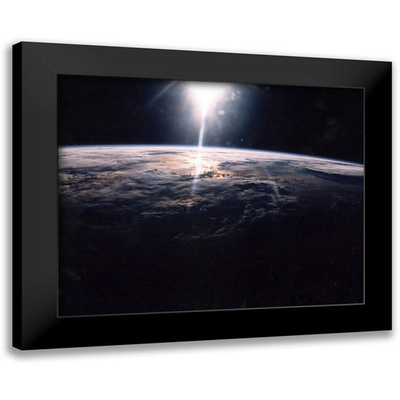 NASA 24x20 Black Modern Framed Museum Art Print Titled - Sunlight over Earth as seen by Discovery crew