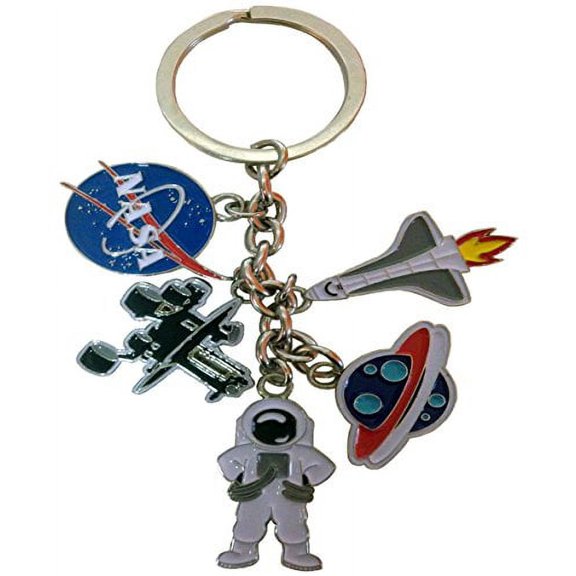 NASA 5 Charm Keychain- Featuring Rocketship, Astronaut, Mars Rover and Planets Charms