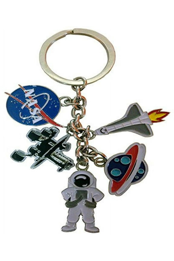 NASA 5 Charm Keychain- Featuring Rocketship, Astronaut, Mars Rover and Planets Charms