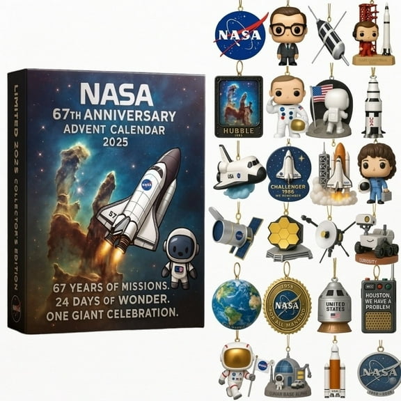 NASA 67th Anniversary Advent Calendar 2025 24 Day Christmas Countdown with Mini Collectible Astronaut Figures, Spacecraft& Earth Pendant, Holiday Gift for Fans and Collectors