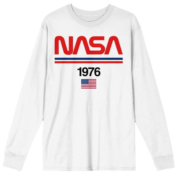 NASA American Flag 1976 Logo Crew Neck Long Sleeve Men's White Tee-Small