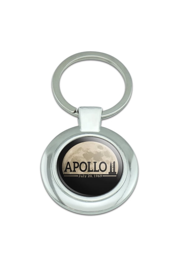 NASA Apollo 11 Moon with Saturn V Rocket and Launchpad Keychain Classy Round Chrome Plated Metal