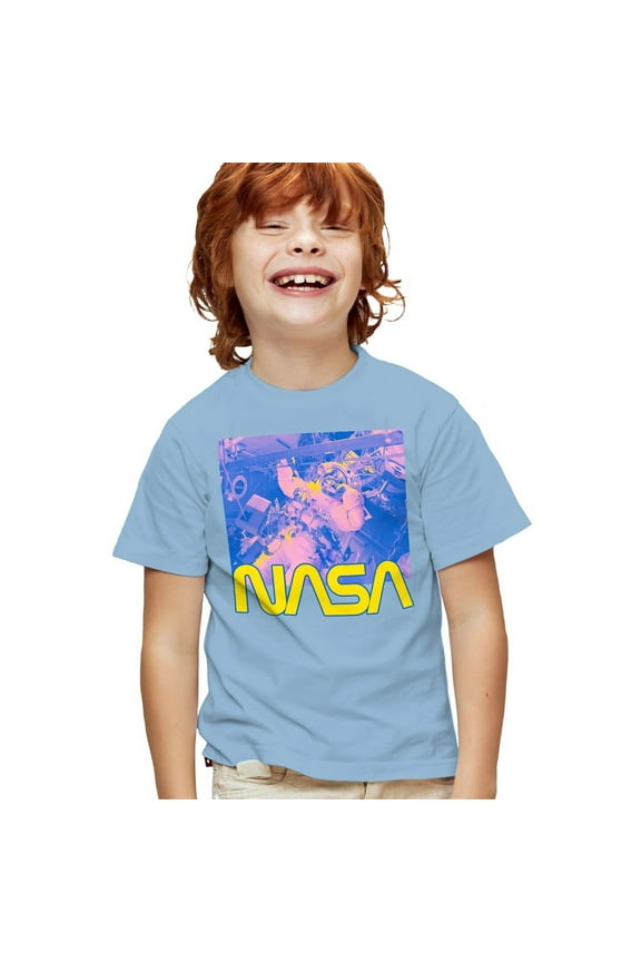 Astronaut Pop Kids T Shirt for Youth Boys and Girls, Light Blue, Large