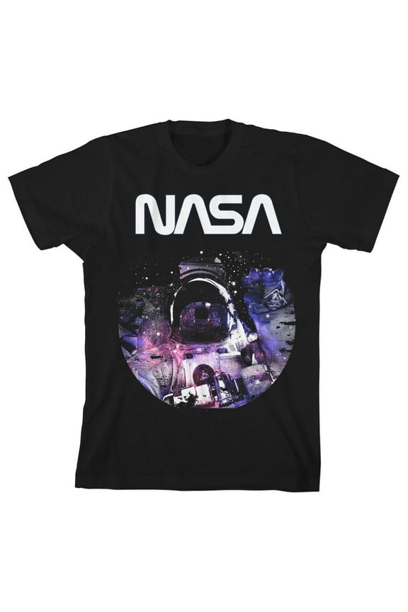 NASA Astronaut with White Worm Logo Youth Black Graphic Tee-Large