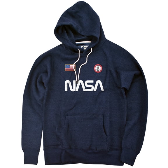 NASA Badge 3 Unisex Adult Slim Fit Pull-Over Heather Hoodie, Navy, Medium