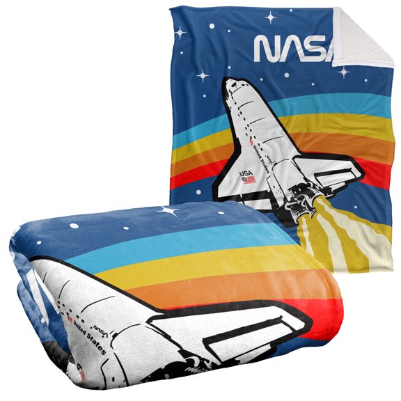 NASA Blanket, 50"x60", Logo Over Space Shuttle with Rainbow Silky Touch Sherpa Back Super Soft Throw Blanket