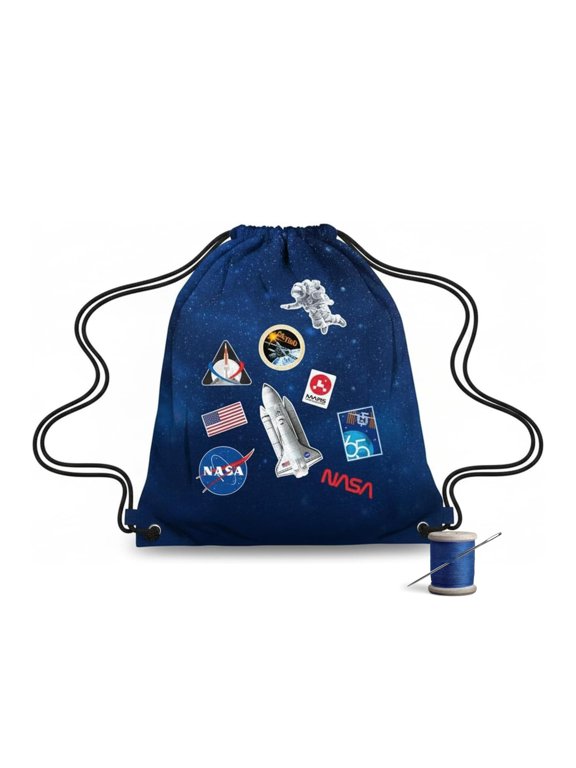 NASA Crew Patch DIY Drawstring Bag Sewing Kit Space-Themed Fabric Craft Project for Teens & Adults Includes 24" x 43"Dark Blue Canvas Panel & 12ft Nylon Paracord Create 17" x 13" Handmade Bag