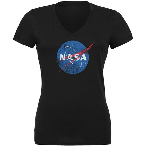 NASA Distressed Logo Juniors V-Neck T Shirt Black SM