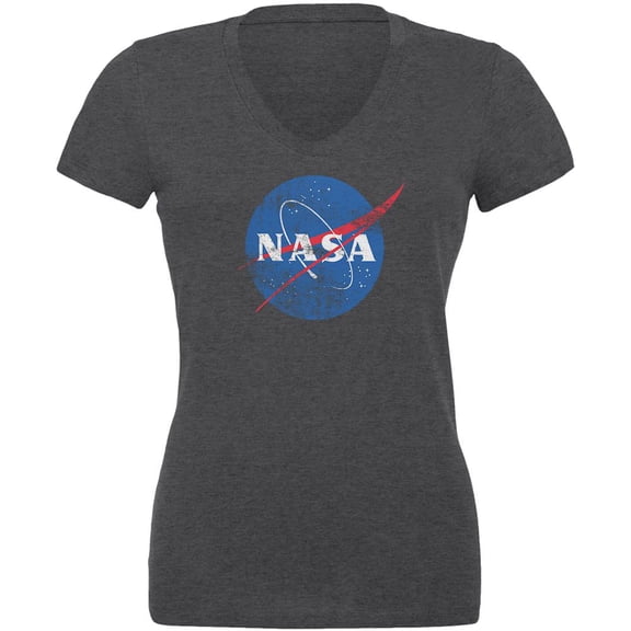 NASA Distressed Logo Juniors V-Neck T Shirt Dark Heather LG