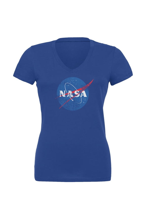 NASA Distressed Logo Juniors V-Neck T Shirt Royal MD