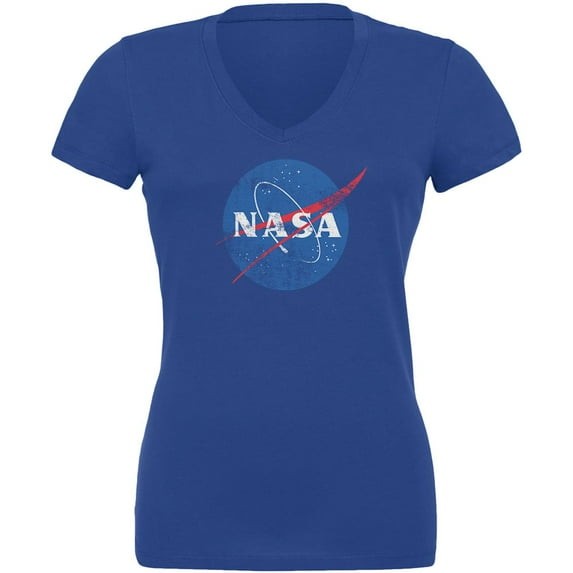 NASA Distressed Logo Juniors V-Neck T Shirt Royal MD