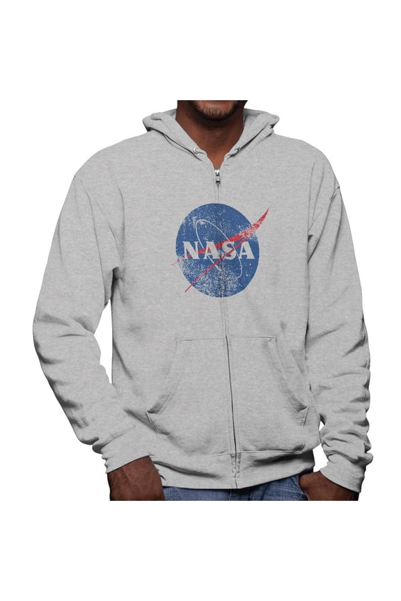 NASA Distressed Logo Mens Full Zip Hoodie Heather SM
