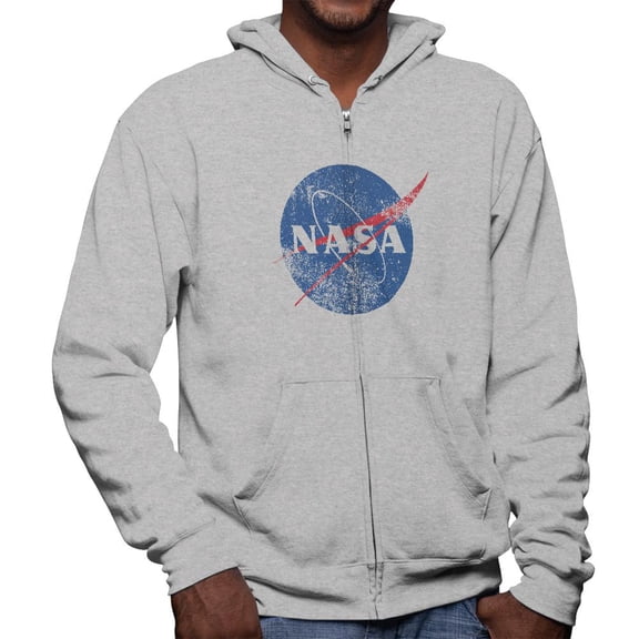 NASA Distressed Logo Mens Full Zip Hoodie Heather SM