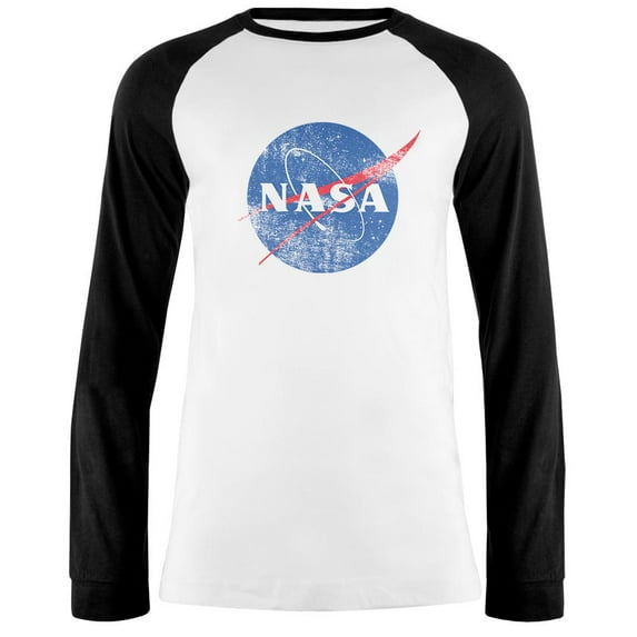 NASA Distressed Logo Mens Long Sleeve Raglan T Shirt White-Black MD