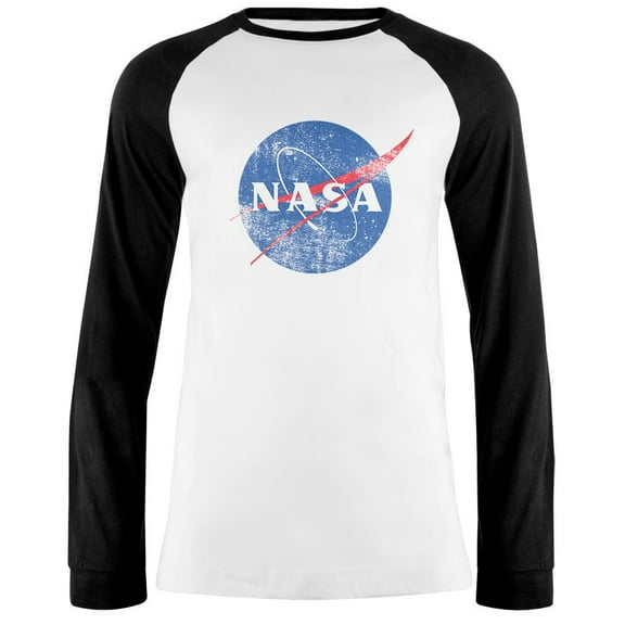 NASA Distressed Logo Mens Long Sleeve Raglan T Shirt White-Navy LG