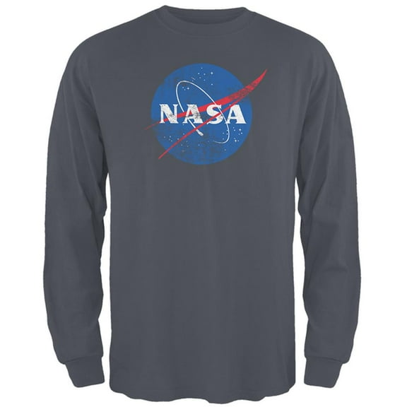 NASA Distressed Logo Mens Long Sleeve T Shirt Charcoal LG