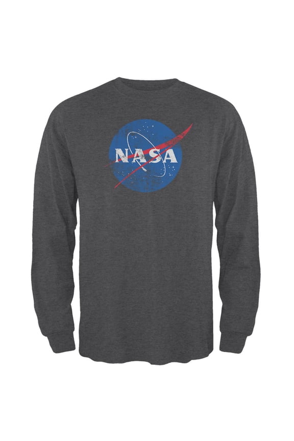 NASA Distressed Logo Mens Long Sleeve T Shirt Deep Heather SM