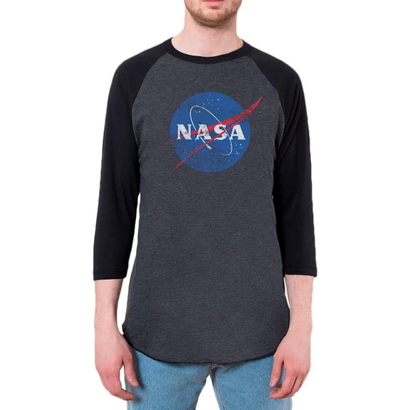 NASA Distressed Logo Mens Raglan T Shirt Heather Black-Black LG