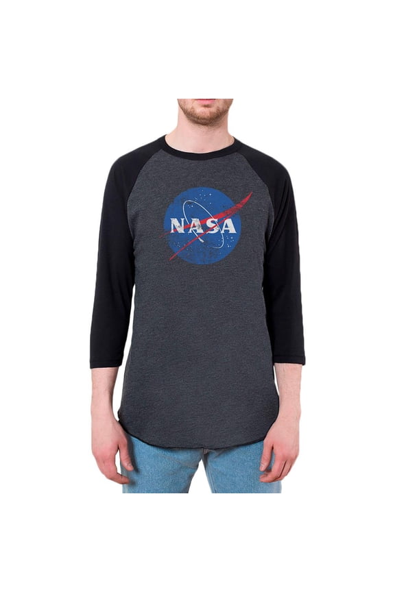 NASA Distressed Logo Mens Raglan T Shirt Heather Black-Black LG