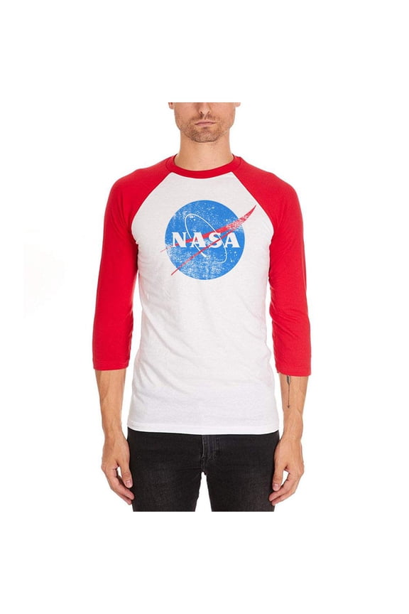 NASA Distressed Logo Mens Raglan T Shirt White-Red SM