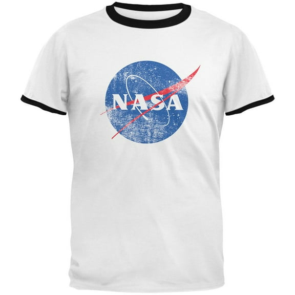 NASA Distressed Logo Mens Ringer T Shirt White-Black 2XL