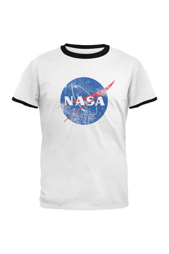 NASA Distressed Logo Mens Ringer T Shirt White-Black MD