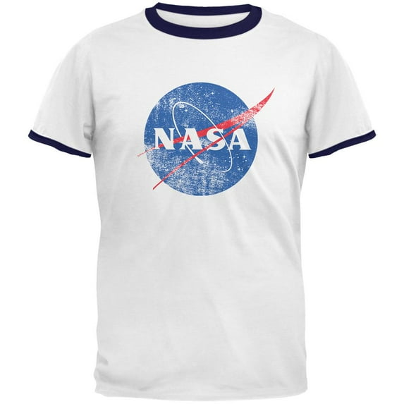 NASA Distressed Logo Mens Ringer T Shirt White-Navy 2XL