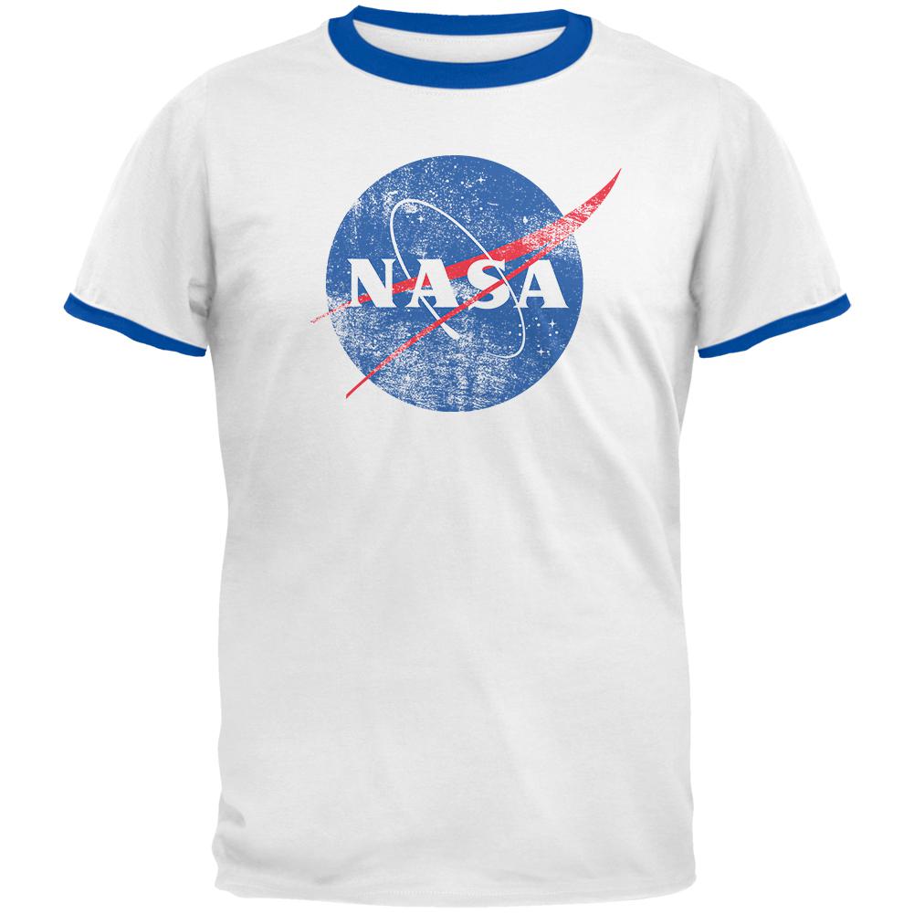 Nasa Ringer NASA Distressed Logo Mens Ringer T Shirt White-Royal LG - Walmart.com