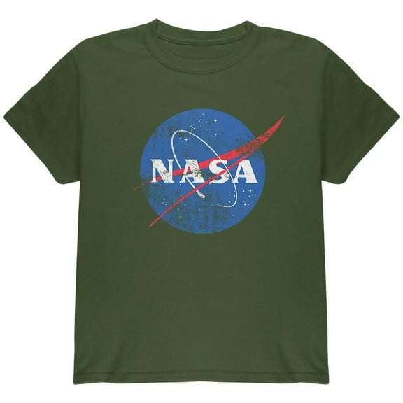 NASA Distressed Logo Youth T Shirt Military Green YSM