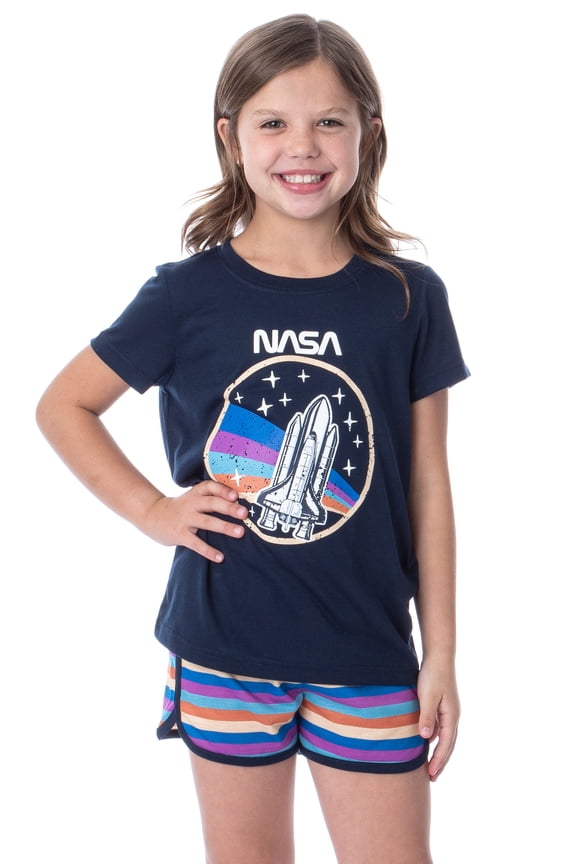 NASA Girls' Retro Stripes Rocket Sleep Pajama Set Shorts Crewneck